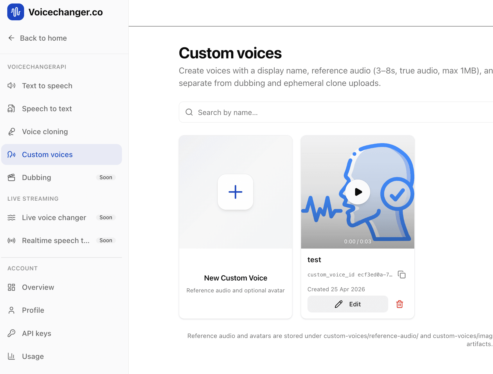 New custom voice form with name and reference audio.