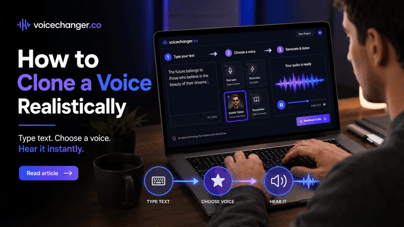 Voicechanger.co dashboard for realistic AI voice cloning with system and custom voices