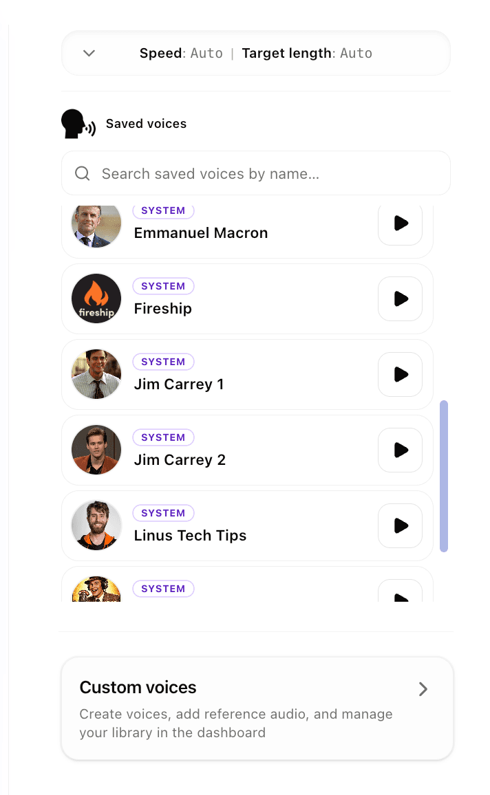 Voice picker showing system voices and custom voices.