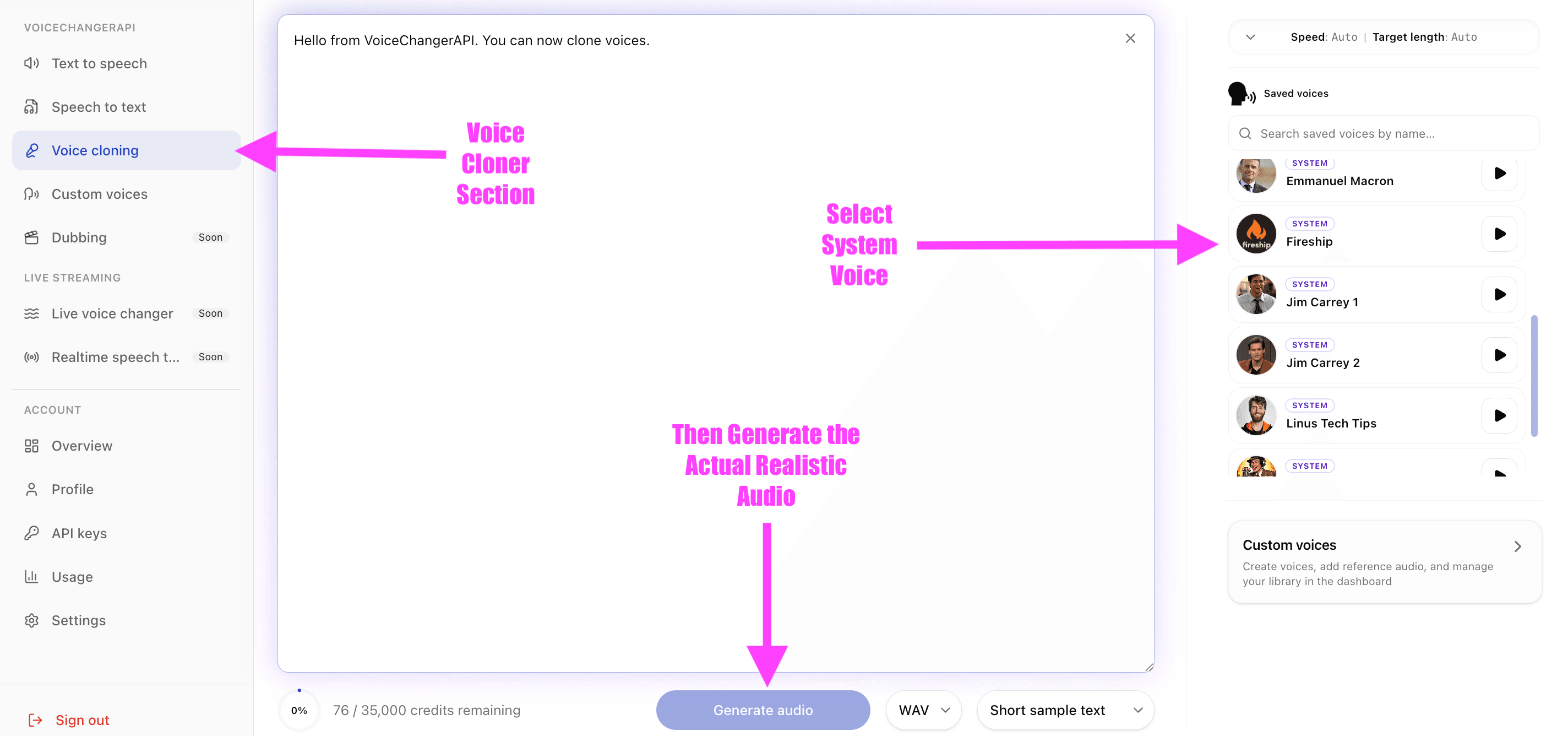 Dashboard sidebar with Voice cloning highlighted.